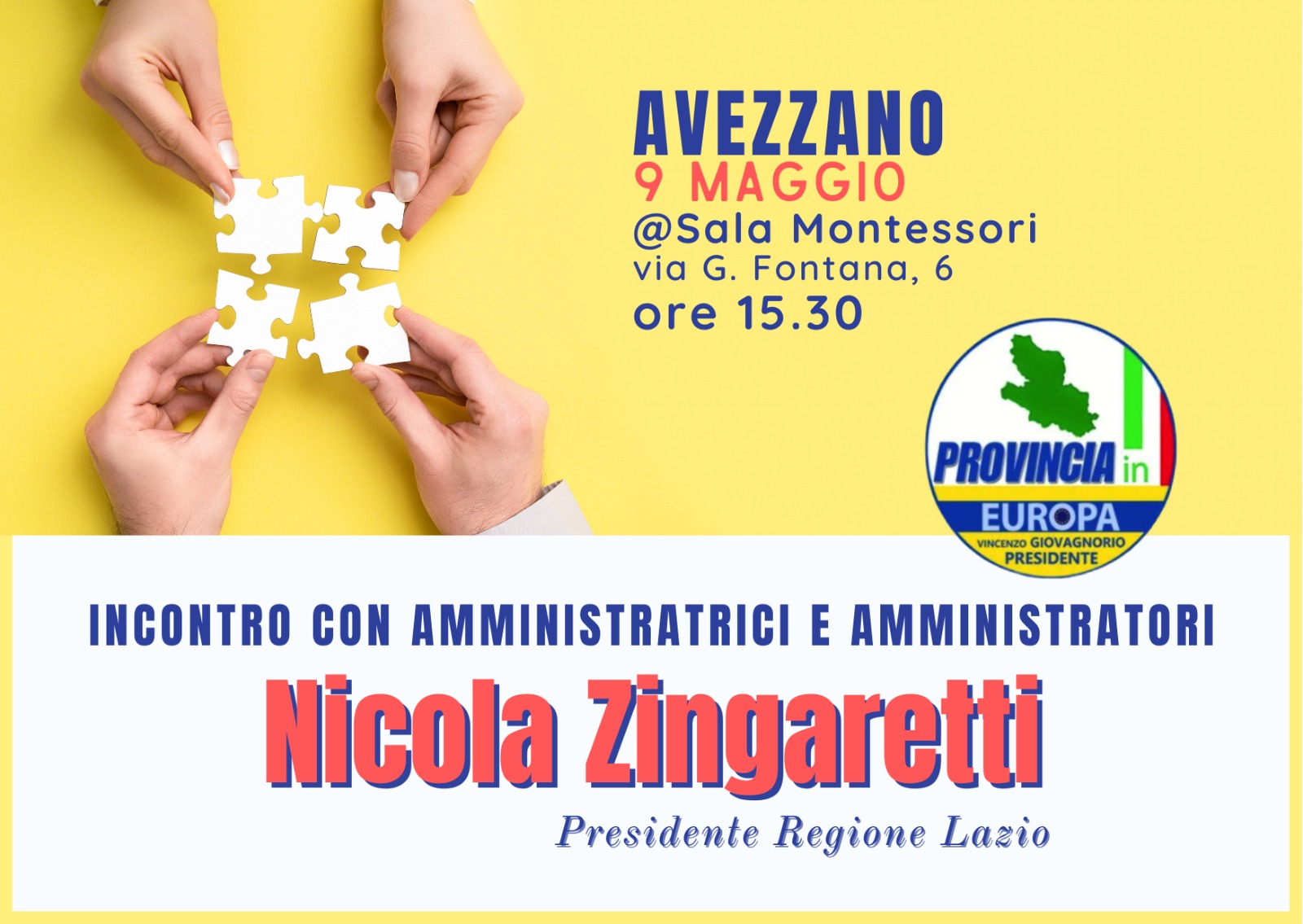 Il 9 maggio Nicola Zingaretti incontra amministratrici e amministratori ad Avezzano
