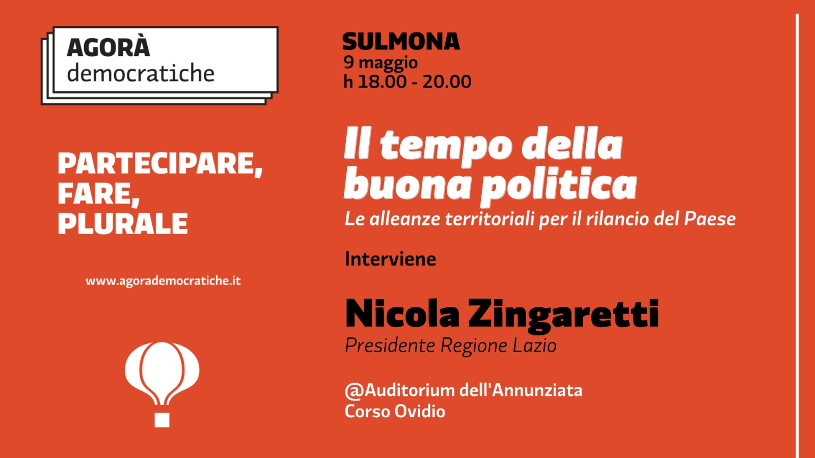 Il tempo della buona politica: il 9 maggio l’Agorà Democratica con Nicola Zingaretti