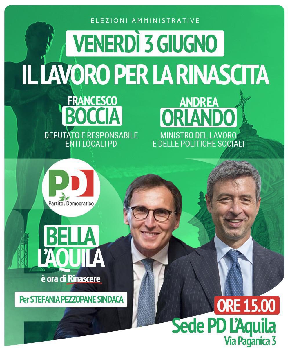 Il 3 giugno Boccia e Orlando in Abruzzo